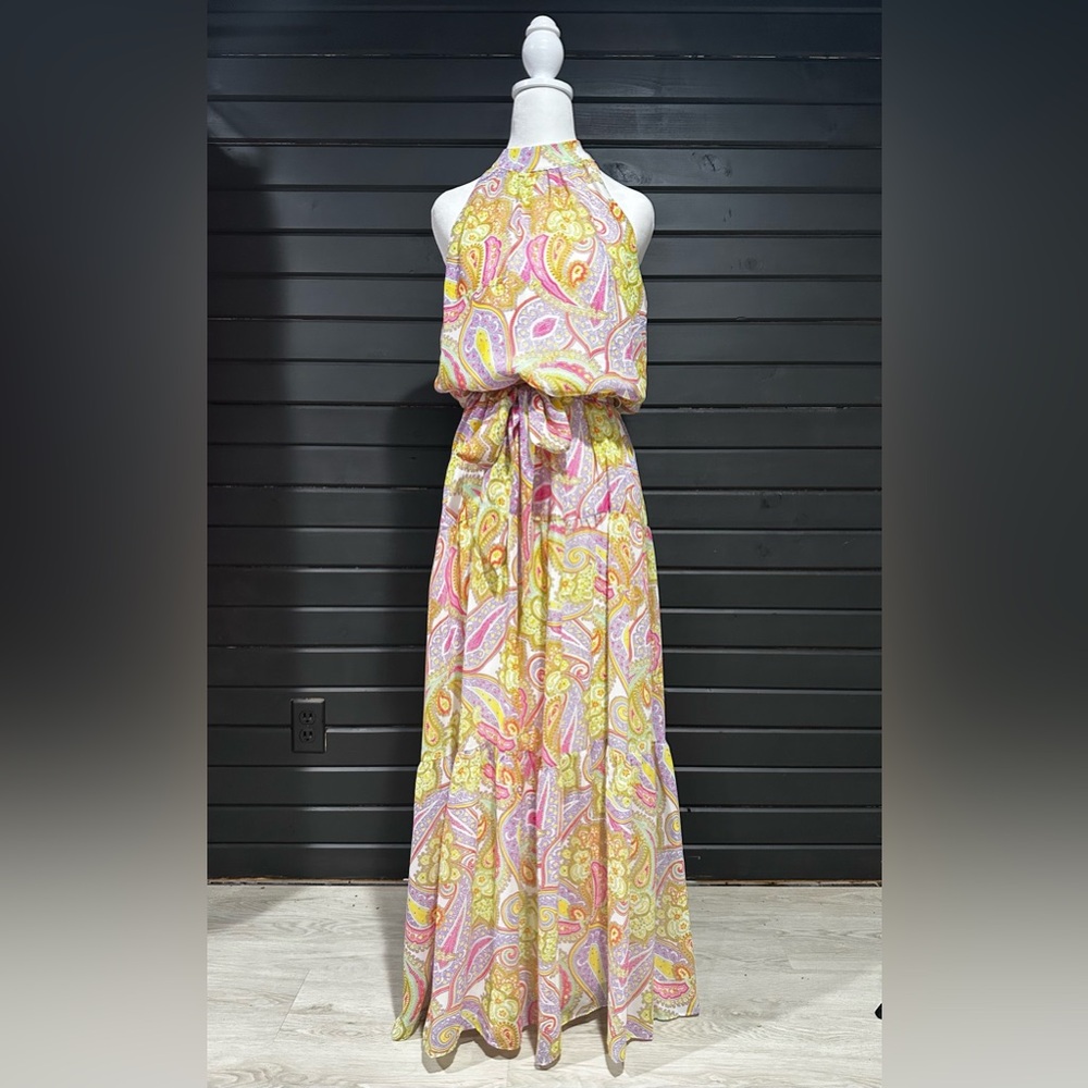 Julia Jordan maxi dress pastels paisley design elastic cinched waist & tie belt